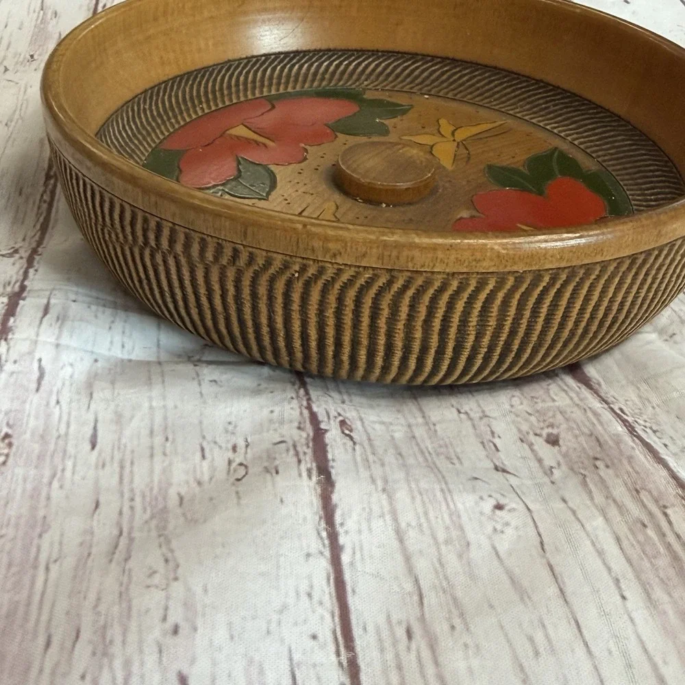 Antique Carved Wood Hand Turned Lacquered Snack Bowl